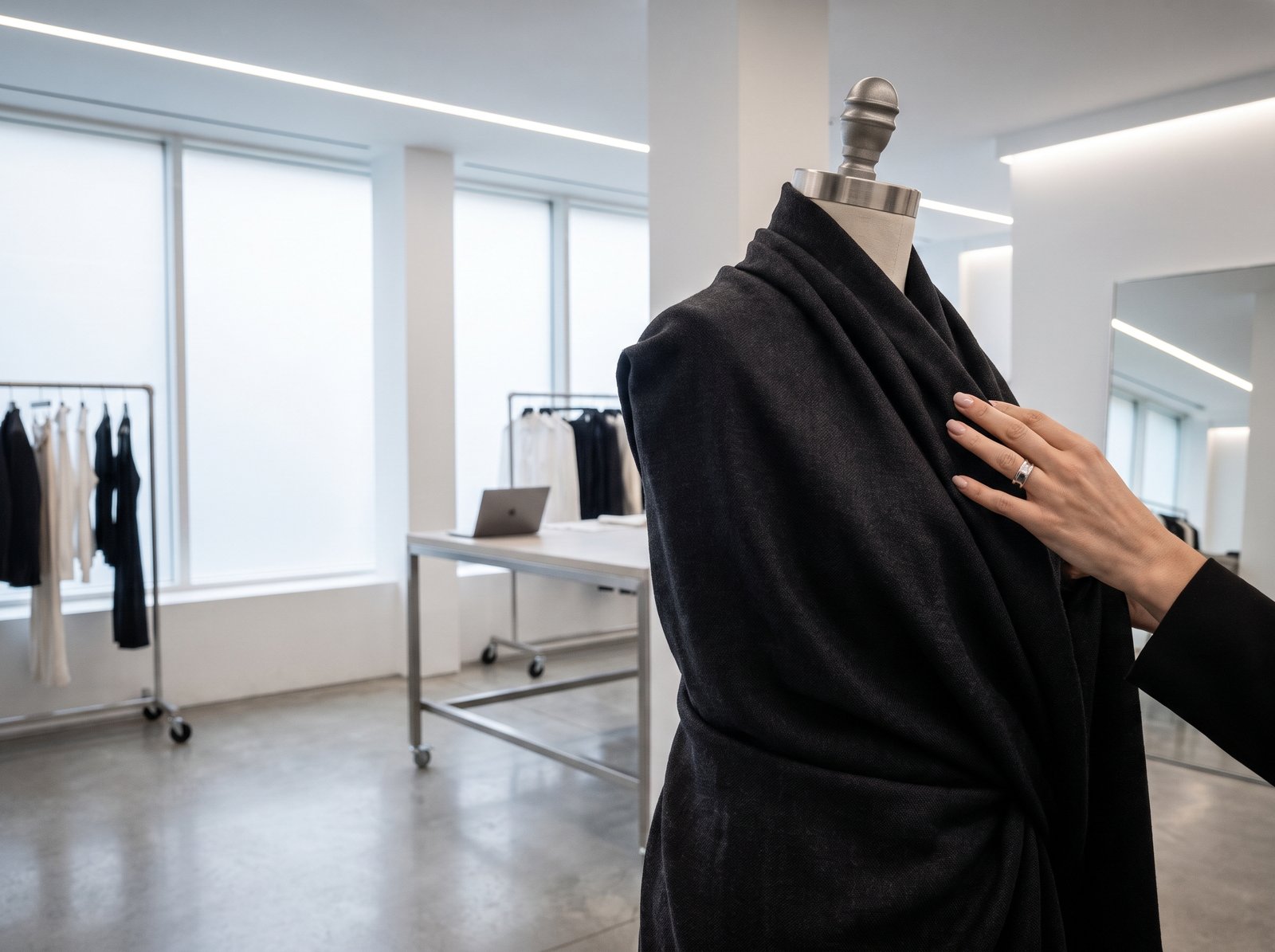 An artisan draping and pinning fabric on a dress form