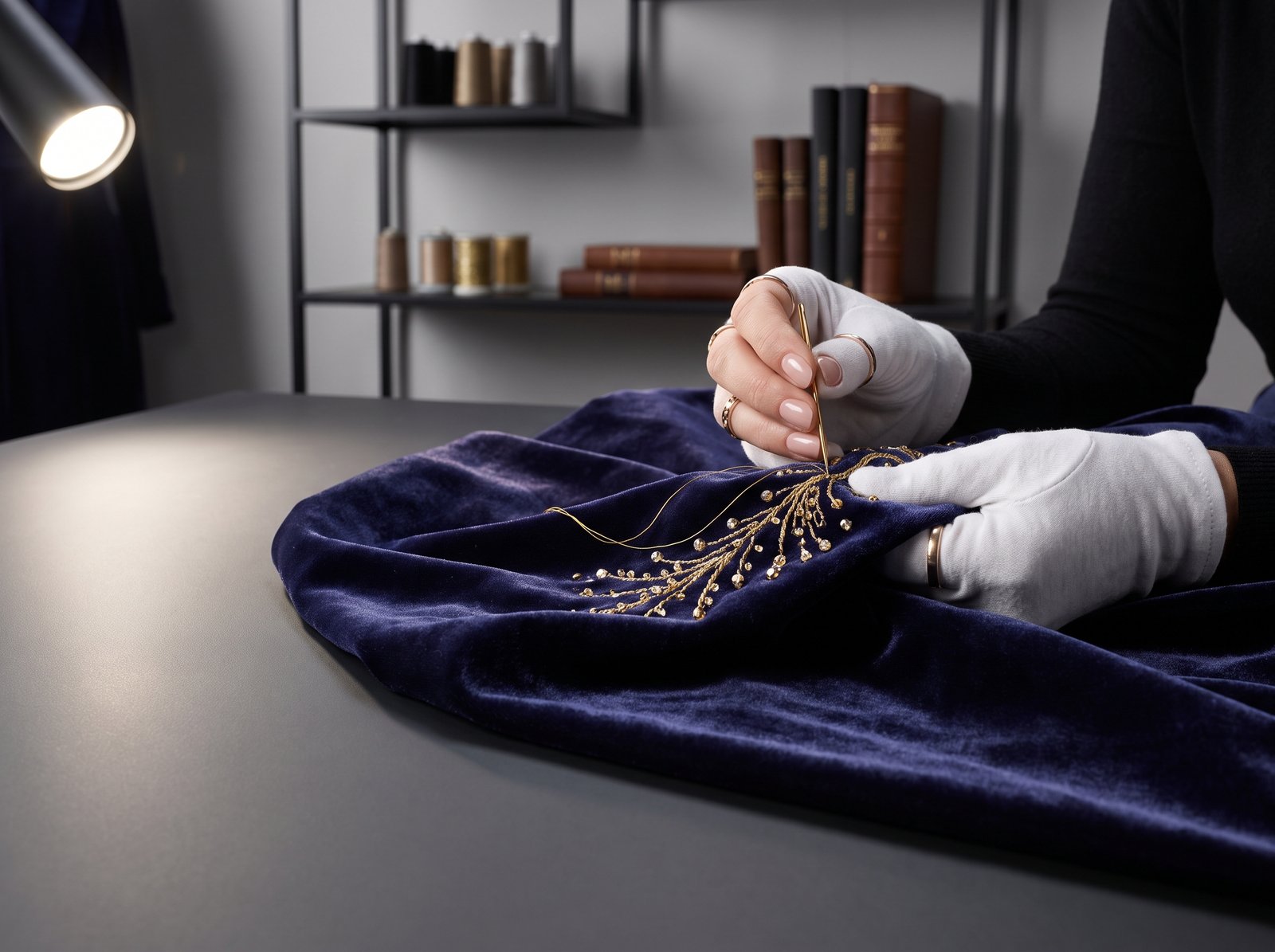 An artisan hand-embroidering gold thread and beadwork onto fabric